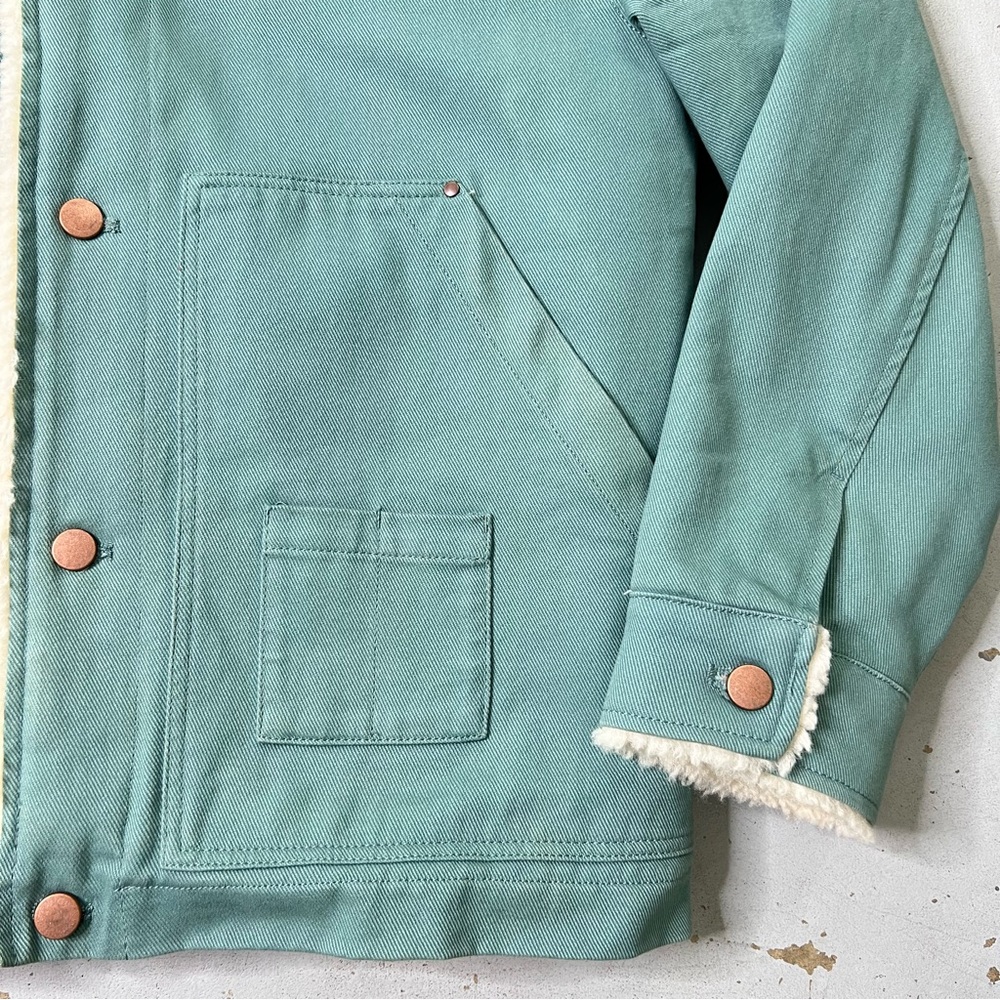 Zara Men’s Green Aqua Faux Sherpa Lined Heavy Denim Chore/Trucker Coat Medium - Picture 11 of 13